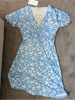Light Blue Floral Wrap Dress
